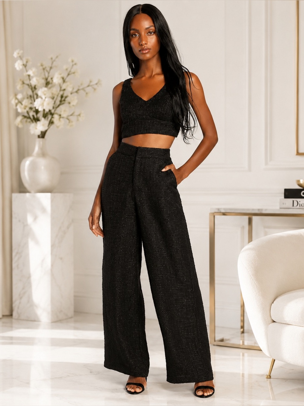 Lulus Black Tweed High Waisted Wide Leg Trousers Pants‎ Large NWT